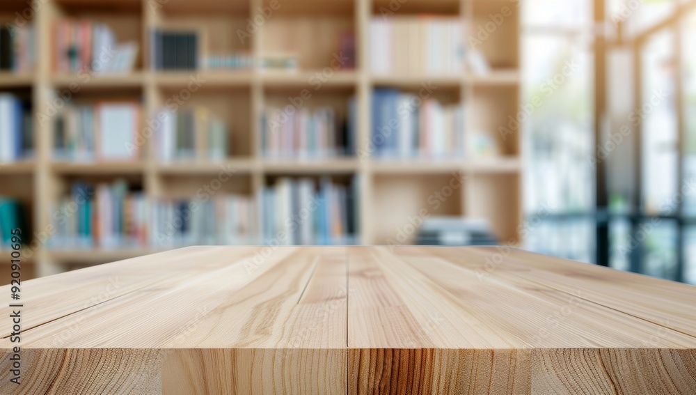Blurred empty light wooden table top with blur interior design of modern home library room background Blurred empty light wooden table top with blur interior design of modern home library room background