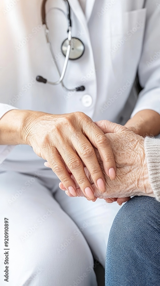 A caring doctor gently holds an elderly patient’s hand, offering reassurance in a warm consultation setting A caring doctor gently holds an elderly patient’s hand, offering reassurance in a warm consultation setting