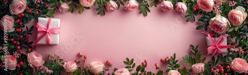 Wallpaper Mural Pink background with a gift surrounded by flowers, Love background, Banner, Copy space Torontodigital.ca