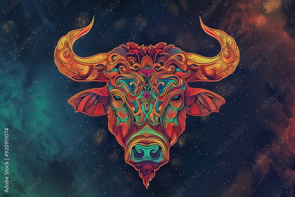 A colorful artistic representation of a bull's head against a cosmic background. A colorful artistic representation of a bull's head against a cosmic background.