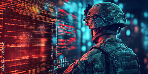 A uniformed soldier observes a computer screen, demonstrating concentration and engagement in a military environmen