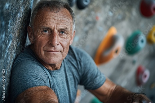 A senior man with a focused expression climbs a rock wall in an indoor climbing gym, utilizing colorful holds and showing determination to reach the top.