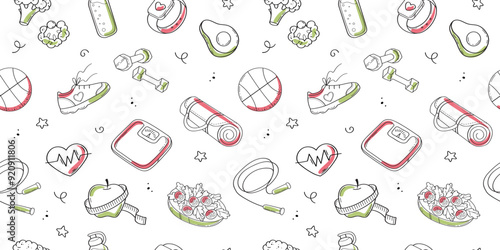Doodle gym and healthy food sketch seamless pattern background. Hand drawn sketch doodle sport, gym fit exercise equipment background. Vector illustration