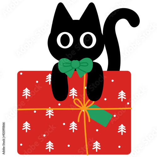 funny black cat is  wearing green bow and holding over the christmas gift illustration 