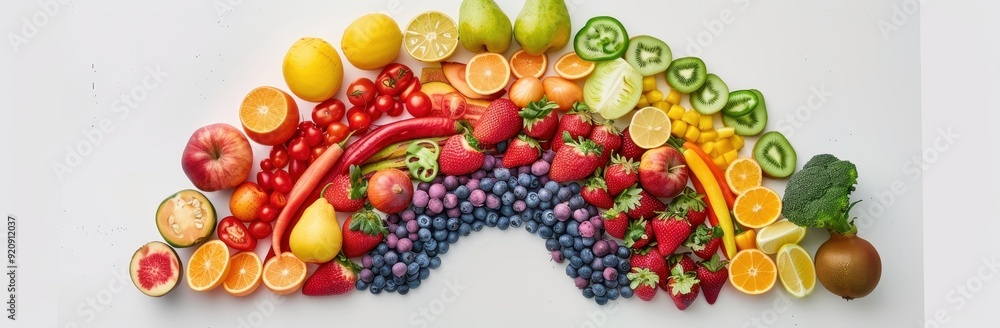 Rainbow of Fresh Fruits and Vegetables on a White Background Rainbow of Fresh Fruits and Vegetables on a White Background
