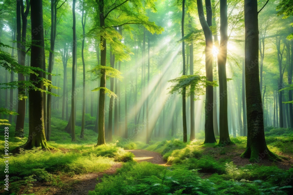 Naklejka premium Serene forest atmosphere with dappled sunlight filtering through lush green foliage and misty fog enveloping the forest floor, evoking a sense of tranquility and connection.