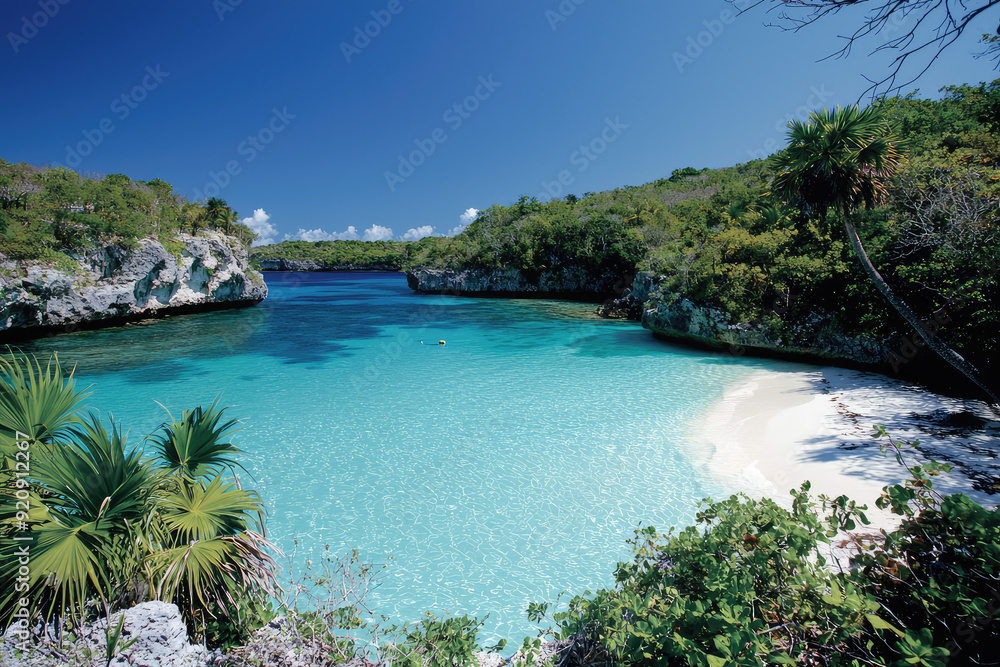 Obraz premium Discover a Hidden Paradise: A Secluded Cove with Sparkling Turquoise Waters and Lush Green Surroundings Awaits You.