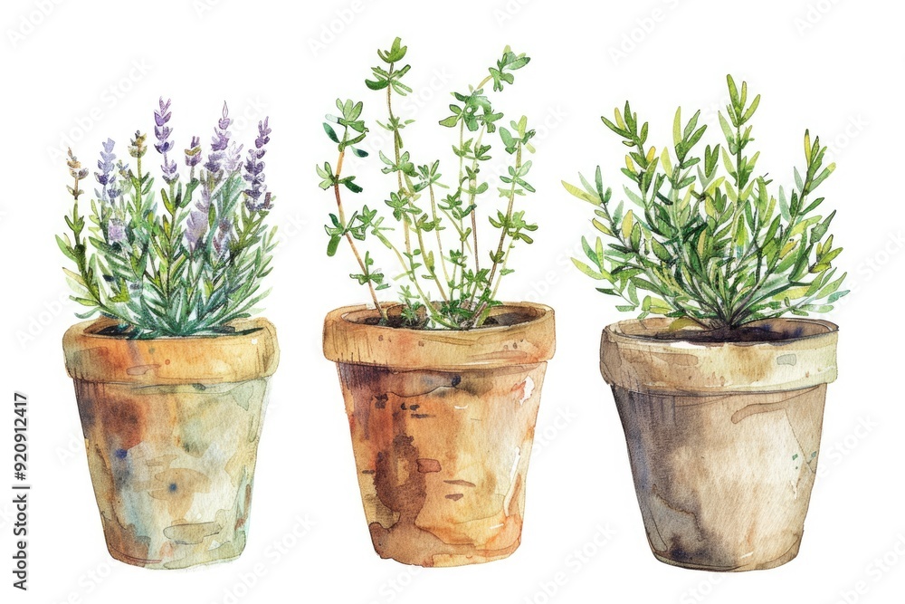 Fototapeta premium Hand-drawn Watercolor Herb and Plant Set for Kitchen Decor and Cooking with Fresh Basil, Rosemary, and Thyme in Pots