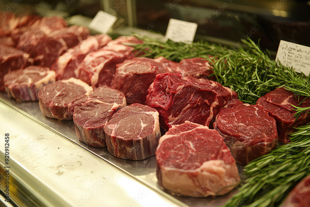A Stunning Array of Premium Raw Beef Cuts Surrounded by Aromatic Herbs Ready for Culinary Creations and Gourmet Delights. A Stunning Array of Premium Raw Beef Cuts Surrounded by Aromatic Herbs Ready for Culinary Creations and Gourmet Delights.