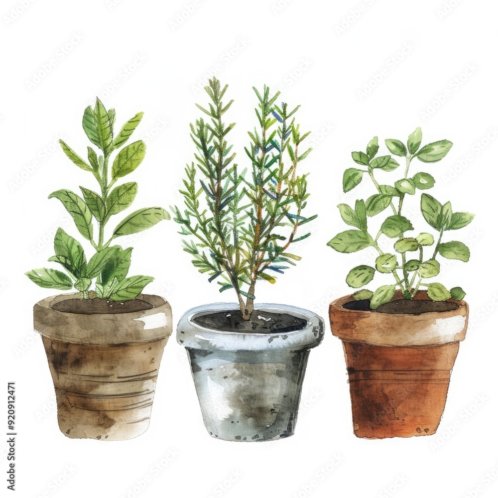 Obraz premium Hand-drawn Watercolor Herbs in Kitchen: Fresh Basil, Rosemary, Thyme, and More