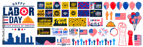 set of mega bundle USA Happy Labor Day celebration construction tools, Safety hard hat, helmet, crane, usa flag, balloon, social media post banner, and background pattern  template. Labour day banner.