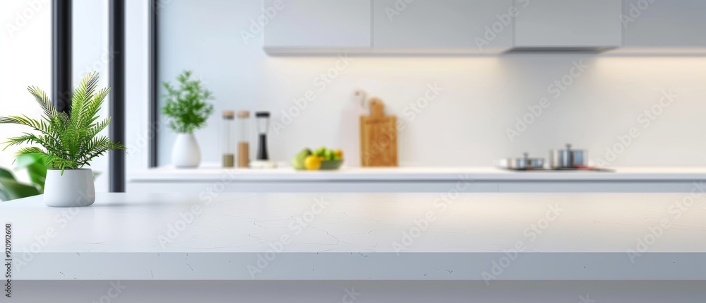 Fototapeta premium Blurred white kitchen interior with empty countertop for product display, blurred background