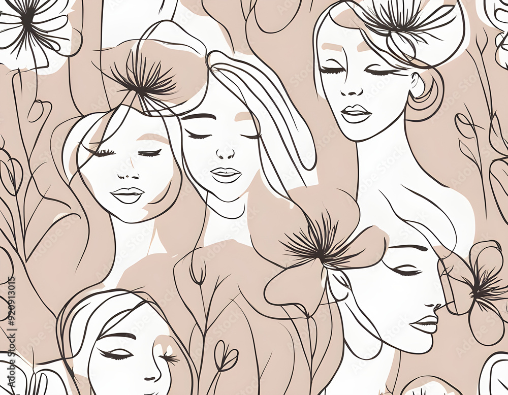 Abstract Several faces with flowers by one line vector drawing. Portrait minimalistic style background Abstract Several faces with flowers by one line vector drawing. Portrait minimalistic style background