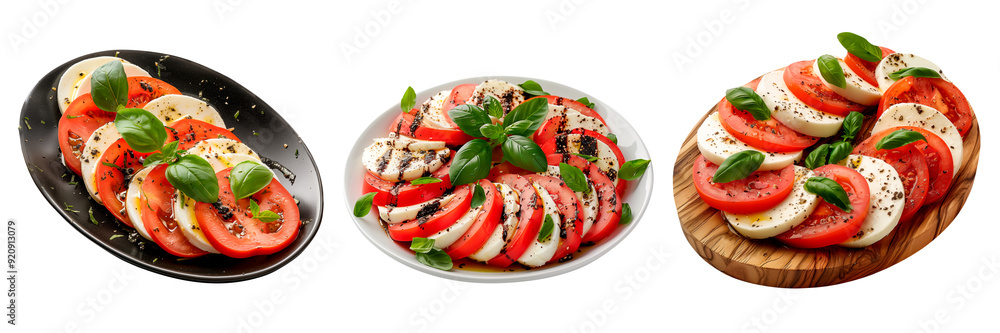Traditional Spanish salad. Salad with tomato and mozzarella in a plate isolated on a white or transparent background. Fresh salad in a wooden, white and black plates with basil close-up, side view. Traditional Spanish salad. Salad with tomato and mozzarella in a plate isolated on a white or transparent background. Fresh salad in a wooden, white and black plates with basil close-up, side view.