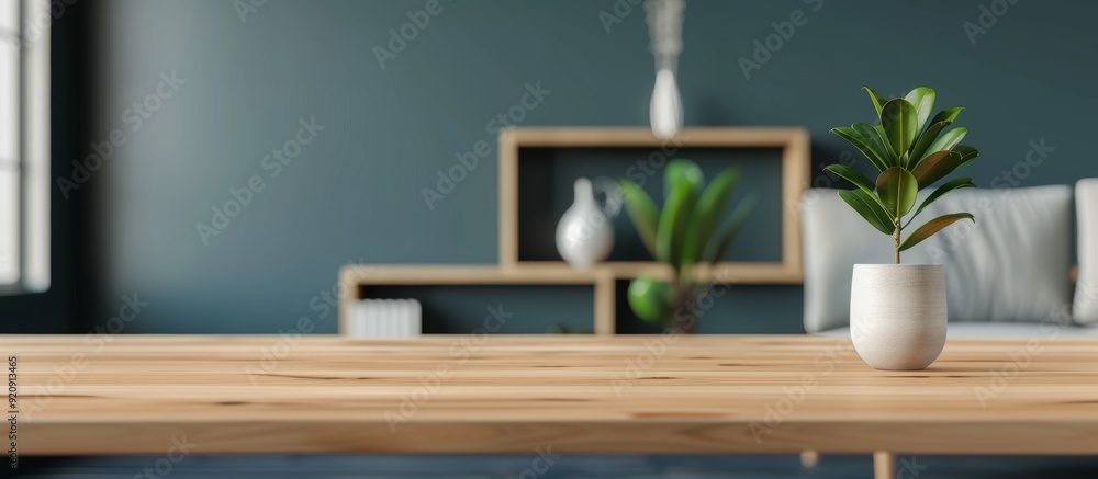 Blurred living room interior with a wooden table in front of a bookcase and sofa in the background Blurred living room interior with a wooden table in front of a bookcase and sofa in the background