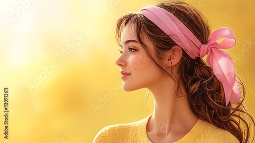 Beautiful young woman posing on yellow background, for product presentation or makeup, focus on face. photo