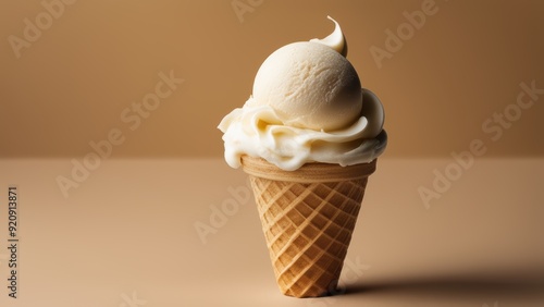 Soft fresh vanilla ice cream in two fluffy scoops glistening under light atop a simple clean backdrop. photo