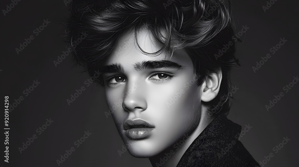 Male Model in Elegant Pose with Soft Lighting. A male model is posing elegantly in a studio with soft, low light. The black and white image highlights the contours and shadows on the model's Male Model in Elegant Pose with Soft Lighting. A male model is posing elegantly in a studio with soft, low light. The black and white image highlights the contours and shadows on the model's