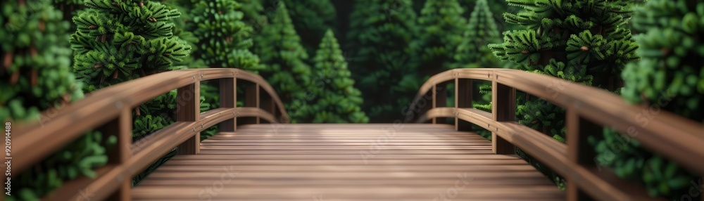 Path in a pine forest leading to a wooden bridge, enchanting and serene Path in a pine forest leading to a wooden bridge, enchanting and serene