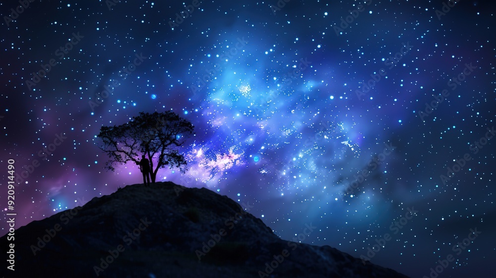 Fototapeta premium Celestial Artistry - Painter Creating Starry Night Sky with Constellations | Fantasy Painting Scene Come to Life