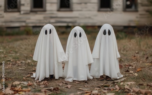 Kids in ghost costumes playing hide and seek in an old, abandoned mansion, Halloween ghostly fun