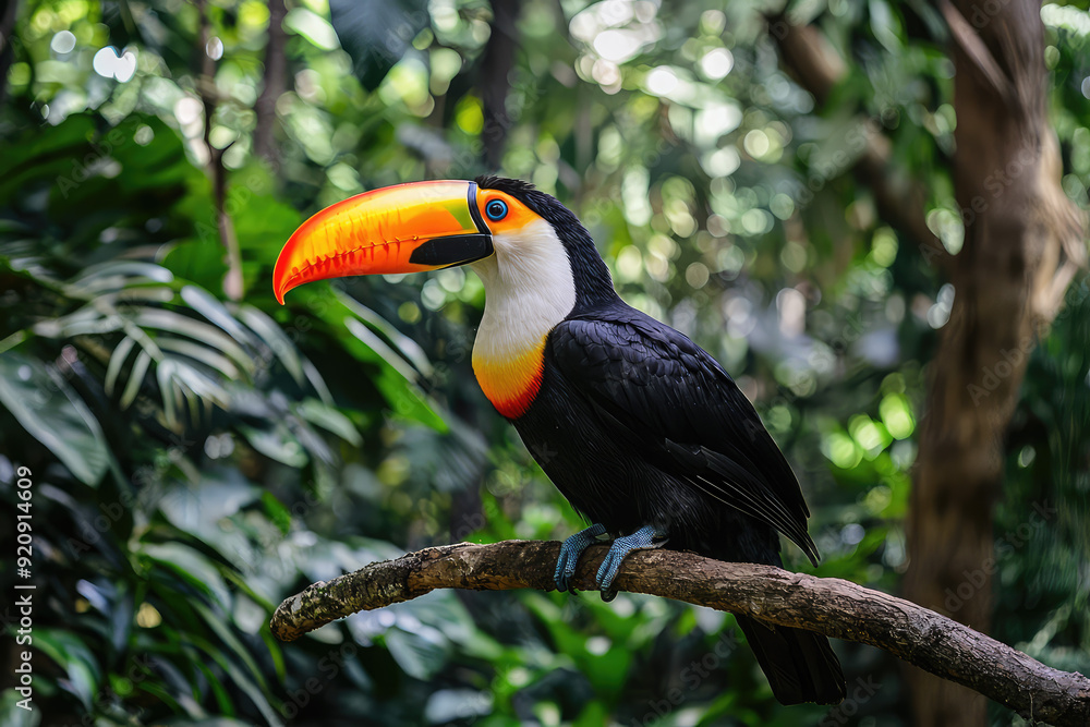 Obraz premium Discover the Vibrant World of a Toucan: Nature's Most Colorful Avian Marvels Perched Among Lush Greenery in the Jungle