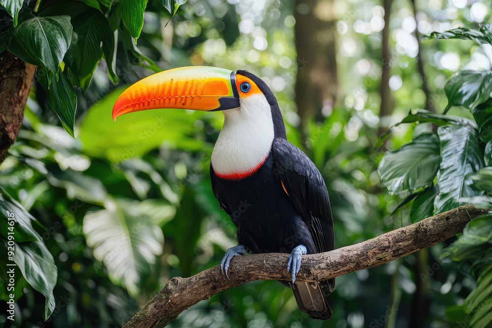 A Vibrant Toucan in a Lush Tropical Setting, Showcasing Its Striking Beak and Beautiful Plumage Against a Green Backdrop. A Vibrant Toucan in a Lush Tropical Setting, Showcasing Its Striking Beak and Beautiful Plumage Against a Green Backdrop.