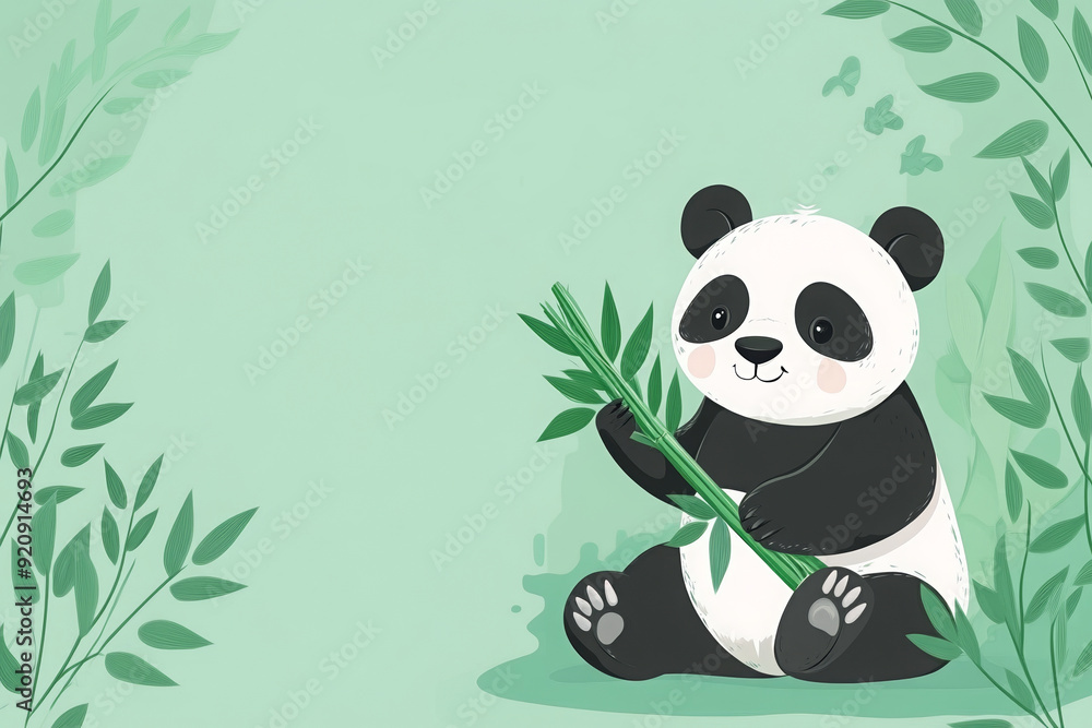 Illustration of a cute panda holding bamboo in a green, leafy environment,free space for text Illustration of a cute panda holding bamboo in a green, leafy environment,free space for text