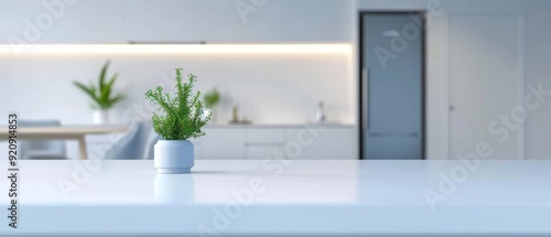Blurred white kitchen interior with empty countertop for product display, blurred background