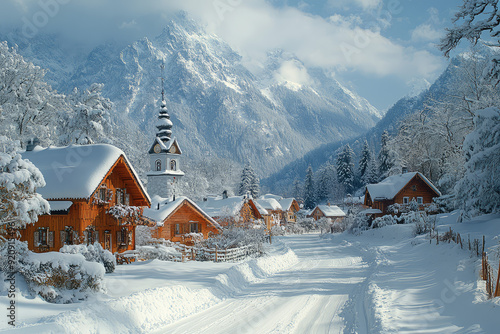 A picturesque winter village nestled in the European mountains, showcasing charming cottages amidst a blanket of snow and trees. photo