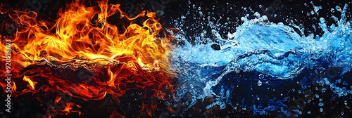 A dramatic shot of fire and water in a clash of elements.  The flames are bright orange and red, while the water is cool blue and white.  The image has a dark background that makes the colors pop.