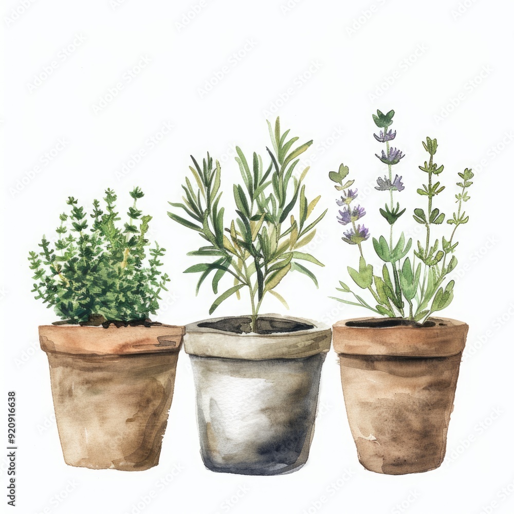 Hand-drawn Watercolor Kitchen Herb Garden with Fresh Pots on White Background Hand-drawn Watercolor Kitchen Herb Garden with Fresh Pots on White Background