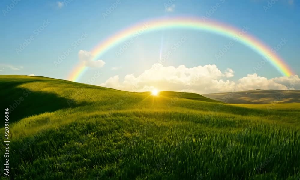 Green fields and blue skies with fluffy white clouds. A rainbow arches across the sky. A gentle breeze sways the tall grass Green fields and blue skies with fluffy white clouds. A rainbow arches across the sky. A gentle breeze sways the tall grass