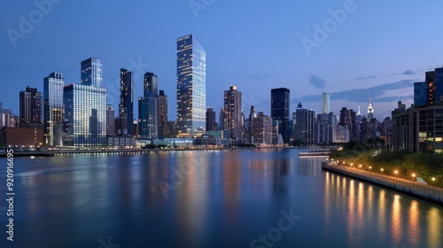 The panoramic view of a modern urban skyline at dusk 