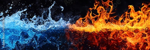 Abstract image of fire and water clashing together,  separated by a black background.