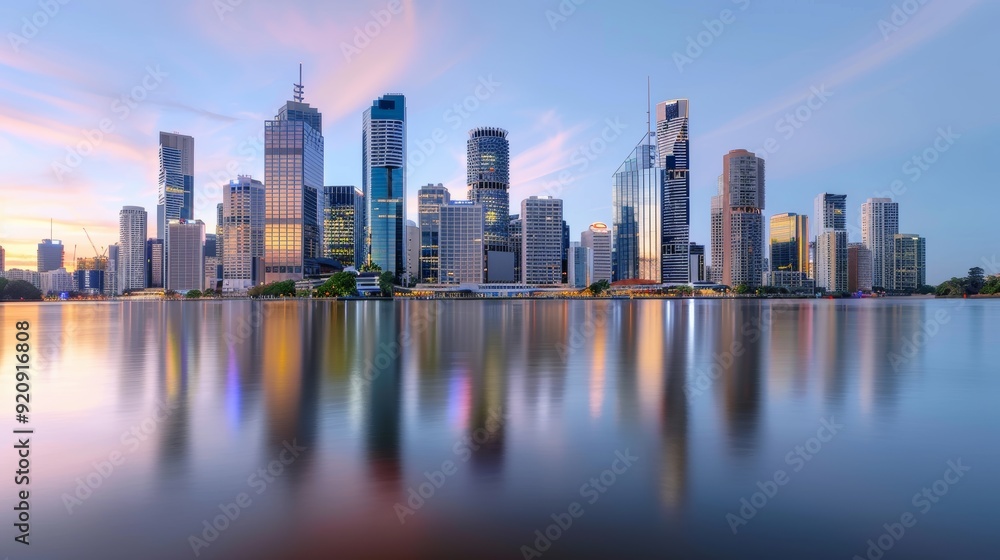 Obraz premium The panoramic view of a modern urban skyline at dusk using a Panasonic