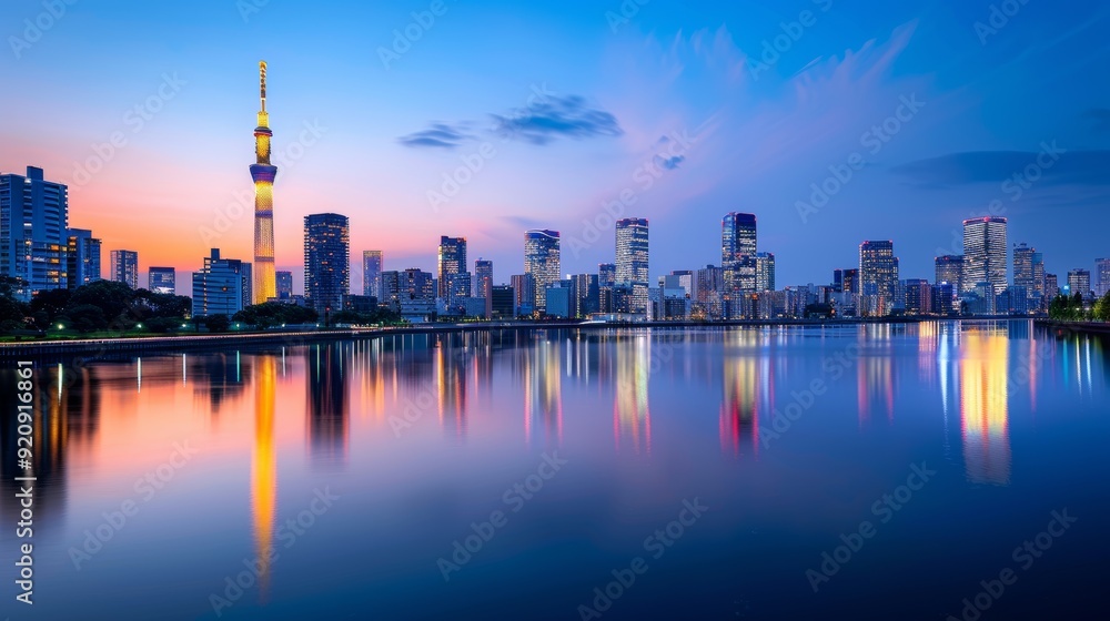 The panoramic view of a modern urban skyline at dusk The panoramic view of a modern urban skyline at dusk