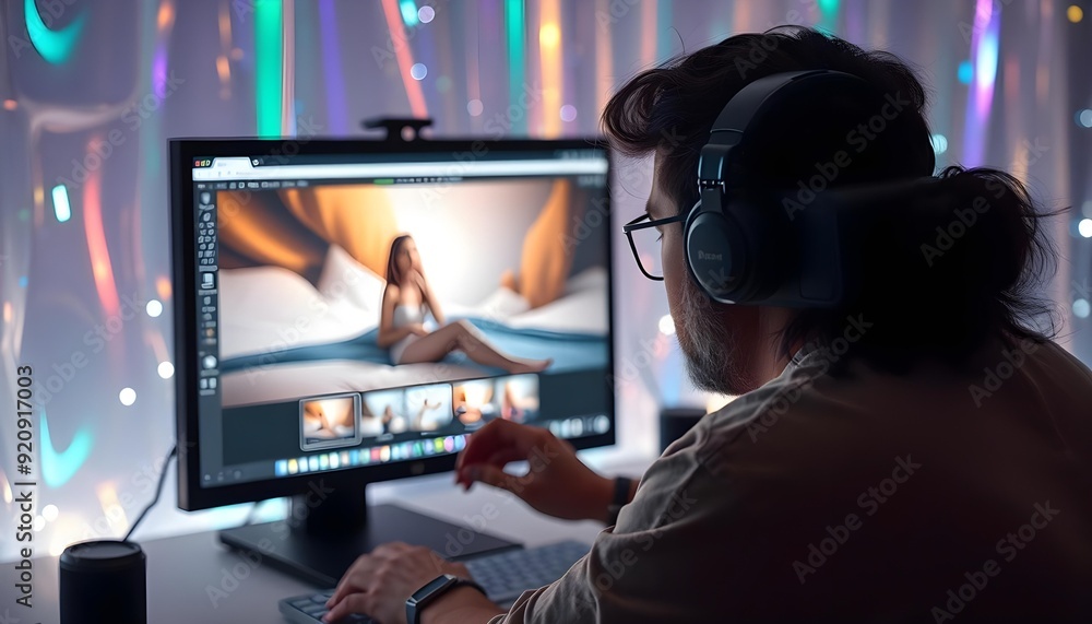 A photographer editing photos on a computer with editing software visible A photographer editing photos on a computer with editing software visible