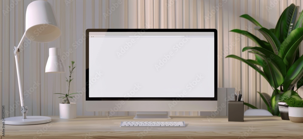 blank white screen on a desktop computer in a minimalist home office interior with modern blank white screen on a desktop computer in a minimalist home office interior with modern