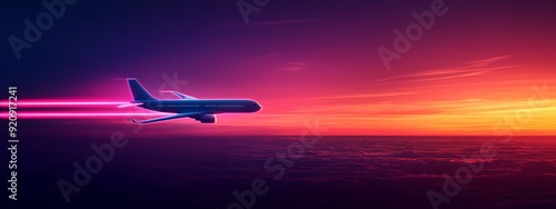 Airplane flying above the clouds at sunset with pink and purple neon lights.