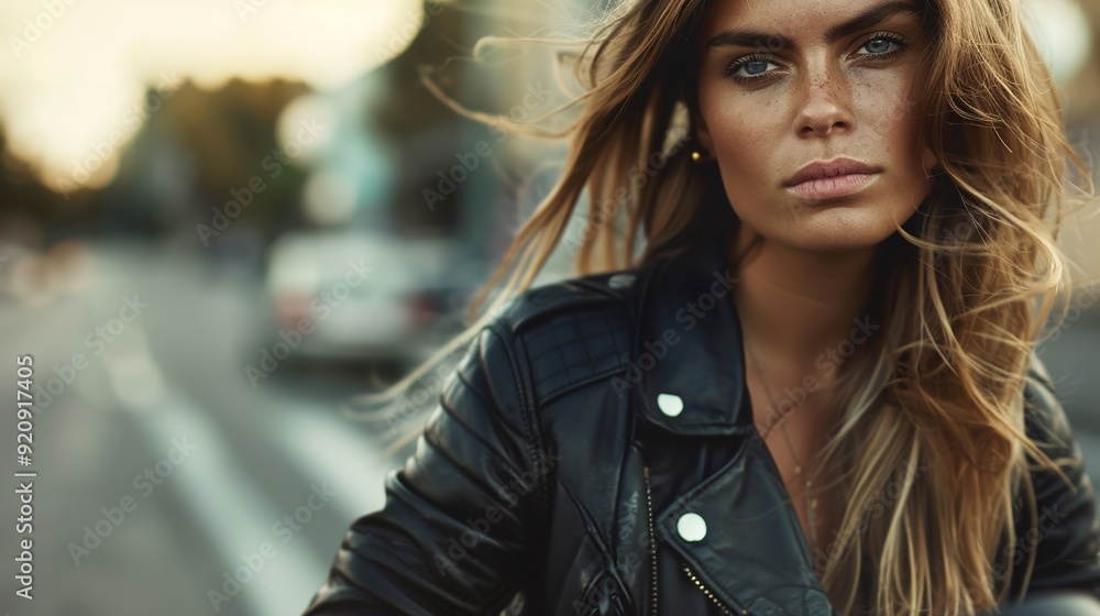 Fototapeta premium Young Rebel in Leather Jacket and Jeans Poses Cool on Motorcycle