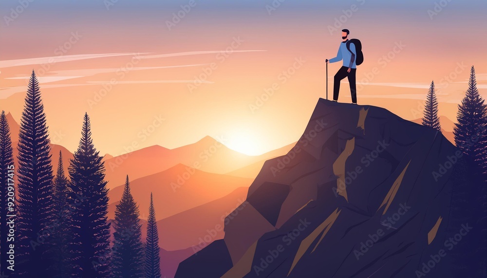 Magical Fantasy Adventure Composite of Man Hiking on top of a rocky mountain peak Flat vector illustration. Background Landscape. Sunset or Sunrise Colorful Sky. Magical Fantasy Adventure Composite of Man Hiking on top of a rocky mountain peak Flat vector illustration. Background Landscape. Sunset or Sunrise Colorful Sky.