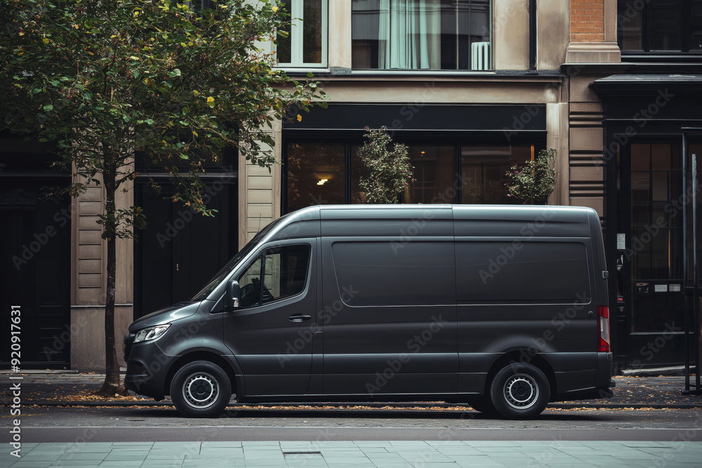 Blank black delivery van parked on a city street, perfect for mockup or branding template, representing urban transportation and commercial delivery services. Blank black delivery van parked on a city street, perfect for mockup or branding template, representing urban transportation and commercial delivery services.