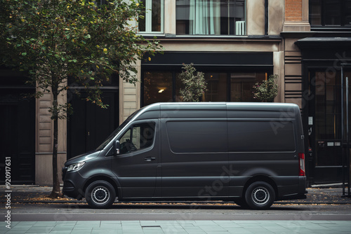 Blank black delivery van parked on a city street, perfect for mockup or branding template, representing urban transportation and commercial delivery services.
