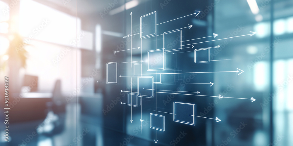 glass-like surface with a network diagram or flowchart superimposed on it. The chart consists of interconnected rectangles and arrows, representing a process, system, or workflow glass-like surface with a network diagram or flowchart superimposed on it. The chart consists of interconnected rectangles and arrows, representing a process, system, or workflow