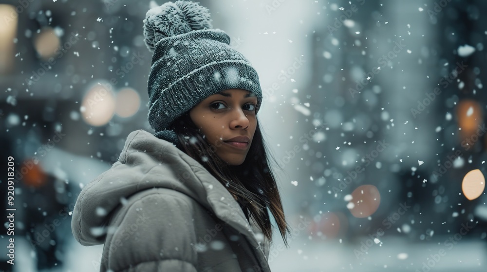 Stylish Winter Fashion in Urban Snow Scene - Model in Chic and Practical Coat Stylish Winter Fashion in Urban Snow Scene - Model in Chic and Practical Coat