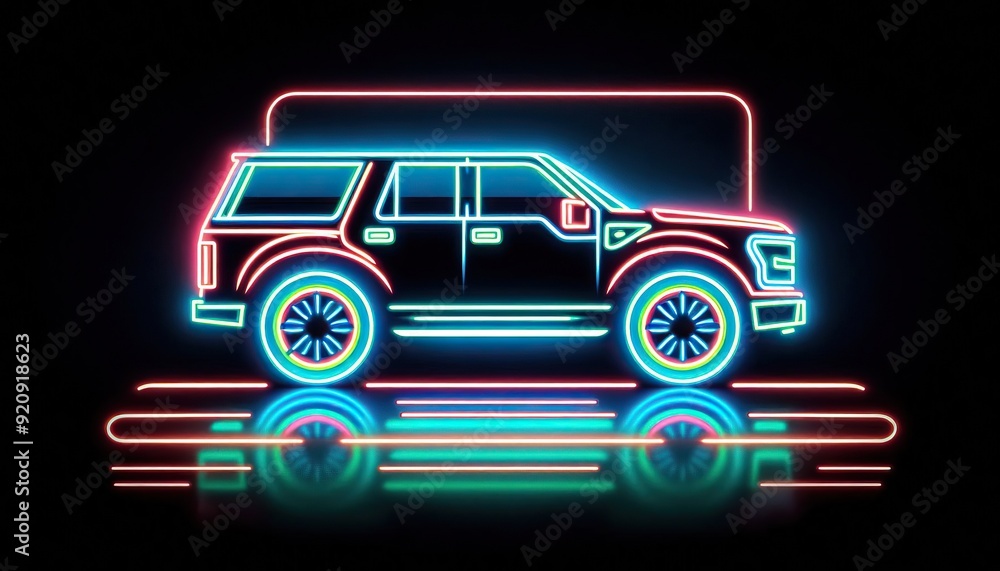 Neon off-road vehicle silhouette Retro futuristic style Dark background Synthwave aesthetic Digital art Glowing SUV design Neon off-road vehicle silhouette Retro futuristic style Dark background Synthwave aesthetic Digital art Glowing SUV design