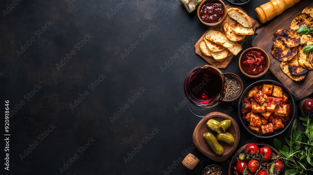 Traditional Spanish tapas and red wine, beautifully framed on a dark background with space for text, ideal for gourmet advertising. Traditional Spanish tapas and red wine, beautifully framed on a dark background with space for text, ideal for gourmet advertising.