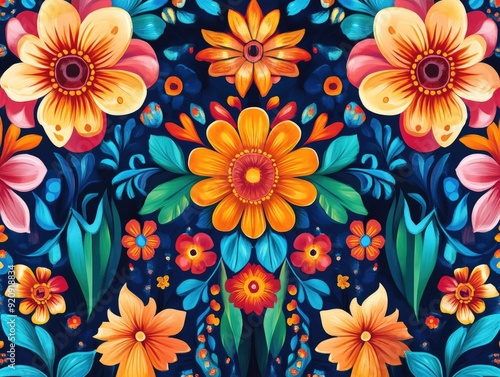 Floral Pattern with Yellow and Pink Flowers on Dark Blue Background