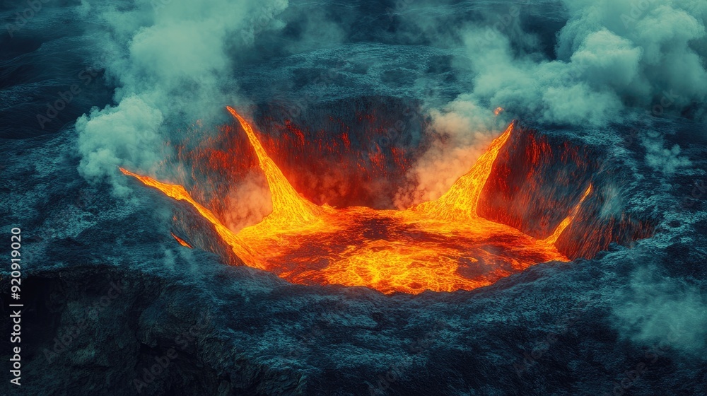 Volcanic terrain with boiling lava pools and rising steam, captured in a surreal and vibrant illustration, evoking a sense of heat and intensity. Volcanic terrain with boiling lava pools and rising steam, captured in a surreal and vibrant illustration, evoking a sense of heat and intensity.